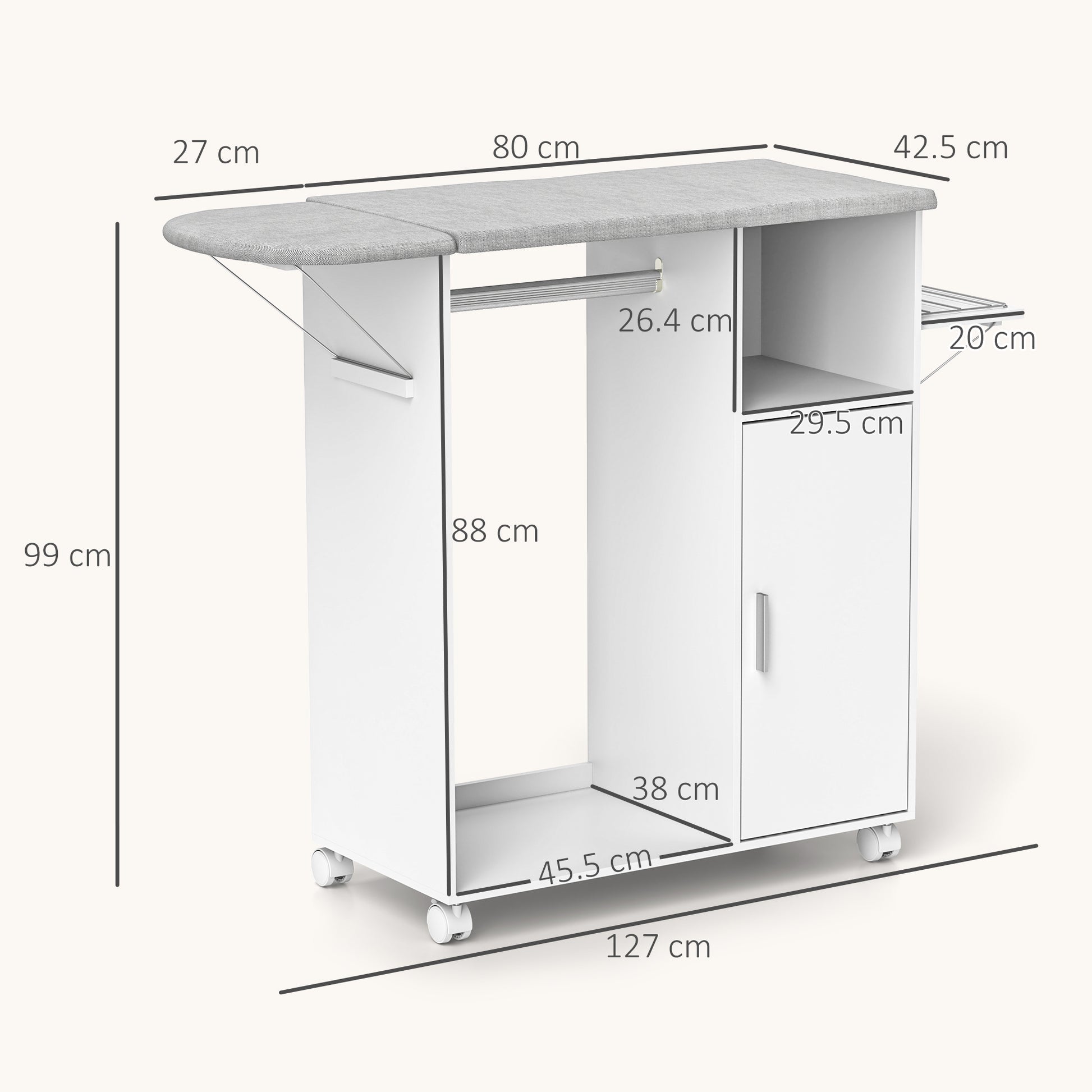 Wood Ironing Cabinet Ironing Board Foldable with Wheels Hanging Rail Open Shelf Adjustable Shelves for Living Room Bedroom 127x42.5x99 cm White