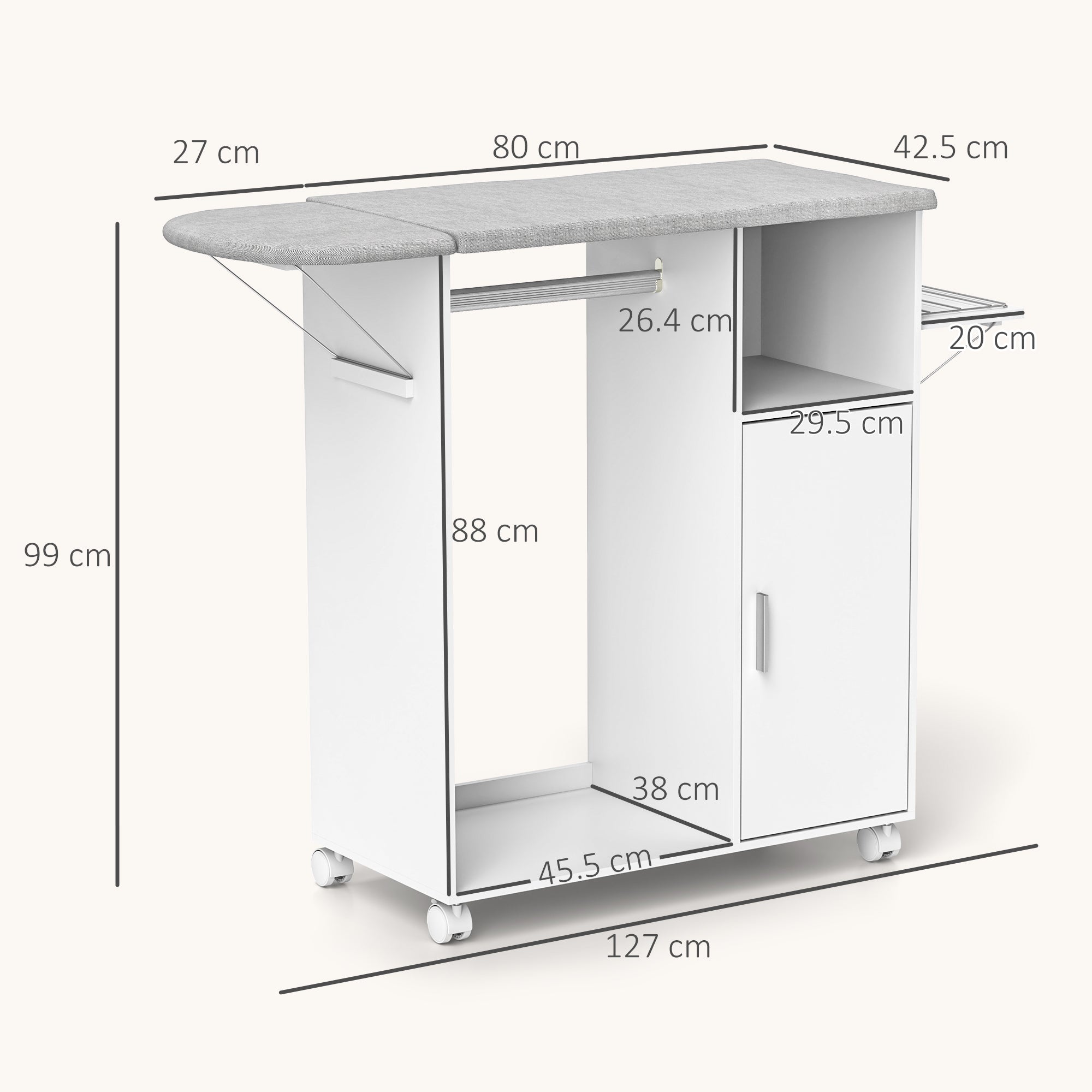 Wood Ironing Cabinet Ironing Board Foldable with Wheels Hanging Rail Open Shelf Adjustable Shelves for Living Room Bedroom 127x42.5x99 cm White