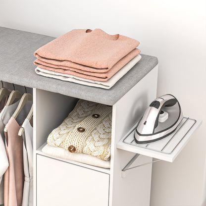 Wood Ironing Cabinet Ironing Board Foldable with Wheels Hanging Rail Open Shelf Adjustable Shelves for Living Room Bedroom 127x42.5x99 cm White