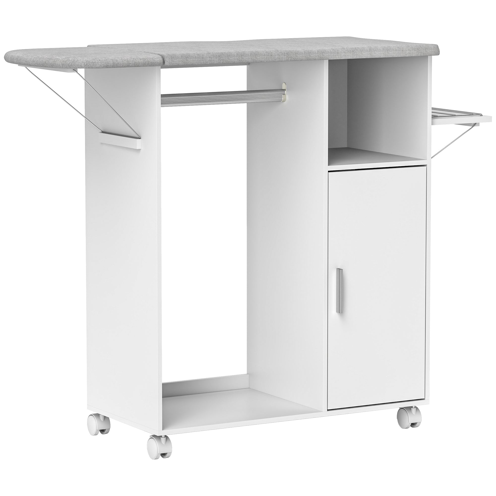 Wood Ironing Cabinet Ironing Board Foldable with Wheels Hanging Rail Open Shelf Adjustable Shelves for Living Room Bedroom 127x42.5x99 cm White