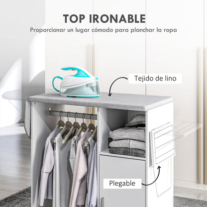 Wood Ironing Cabinet Ironing Board Foldable with Wheels Hanging Rail Open Shelf Adjustable Shelves for Living Room Bedroom 127x42.5x99 cm White
