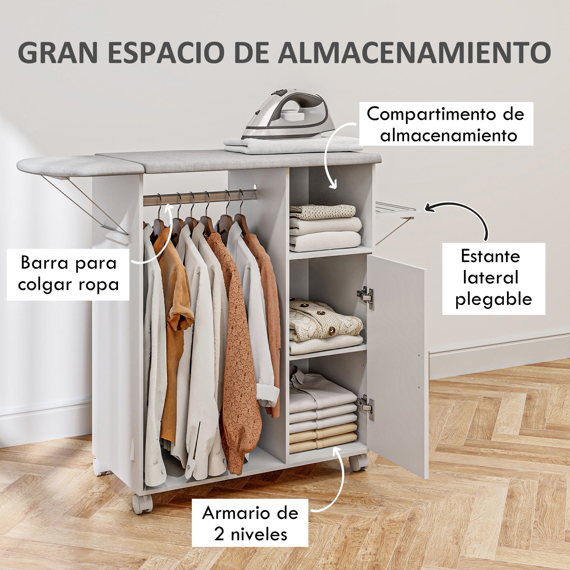 Wood Ironing Cabinet Ironing Board Foldable with Wheels Hanging Rail Open Shelf Adjustable Shelves for Living Room Bedroom 127x42.5x99 cm White