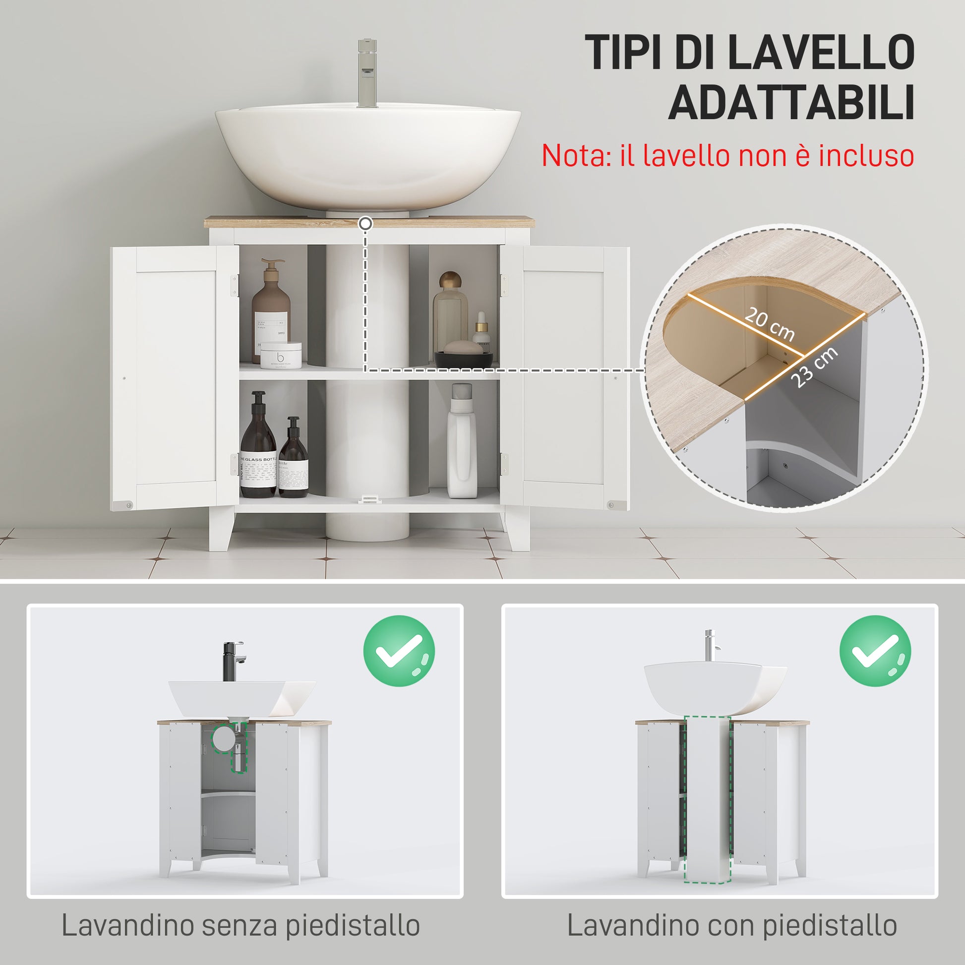 Bathroom Sink Cabinet with Pedestal Under Sink Cabinet with 2 Doors and Adjustable Shelf Modern Style 60x30x60 cm White