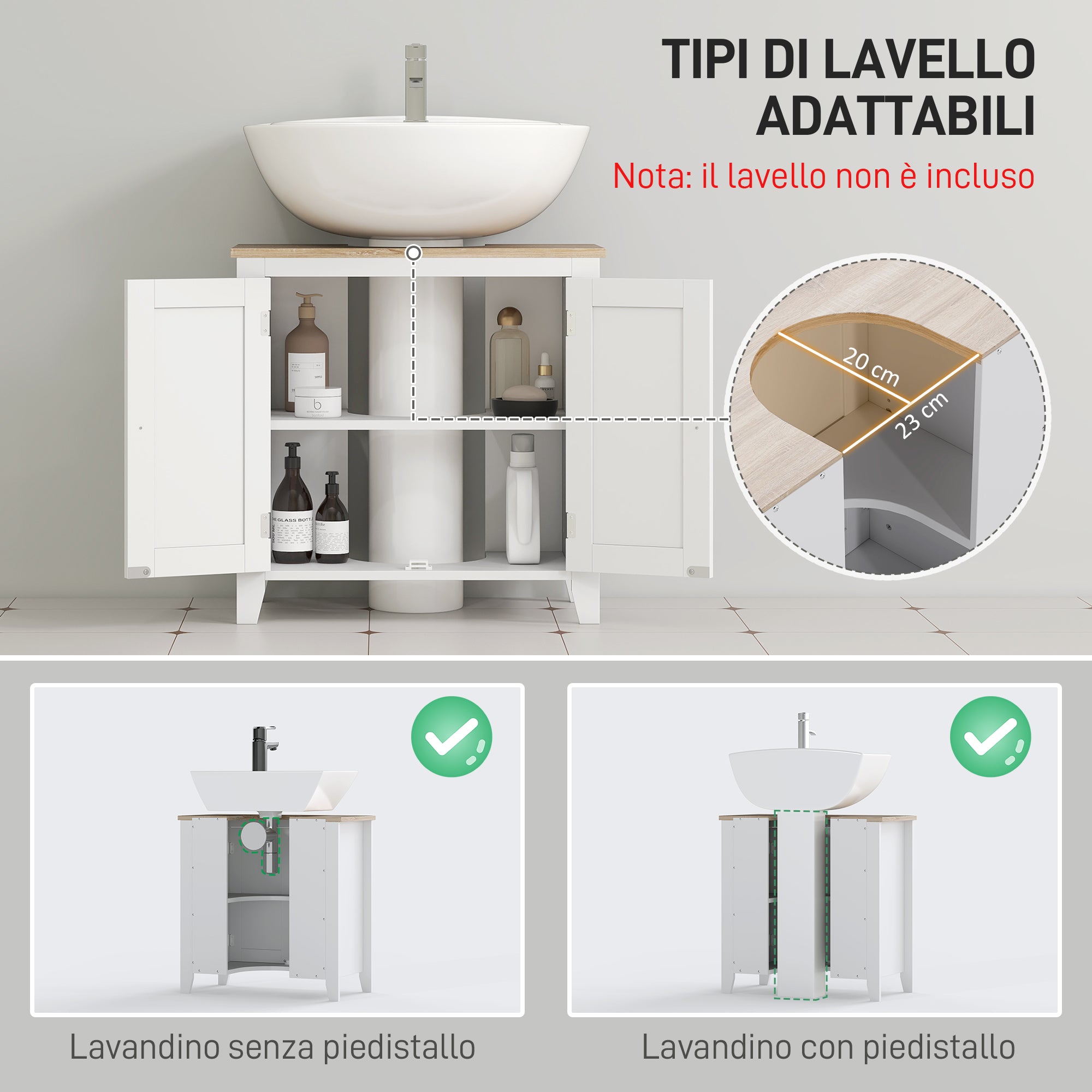 Bathroom Sink Cabinet with Pedestal Under Sink Cabinet with 2 Doors and Adjustable Shelf Modern Style 60x30x60 cm White