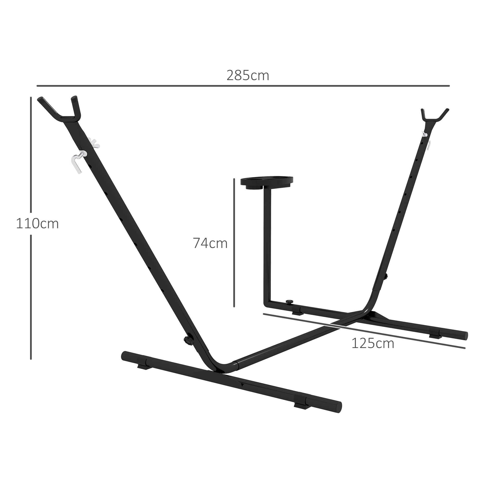 Hammock Stand, Hammock Stand with Side Shelf, Stand for Hammock, Up to 150 kg Load Capacity, Steel, Black, 285 x 125 x 110 cm