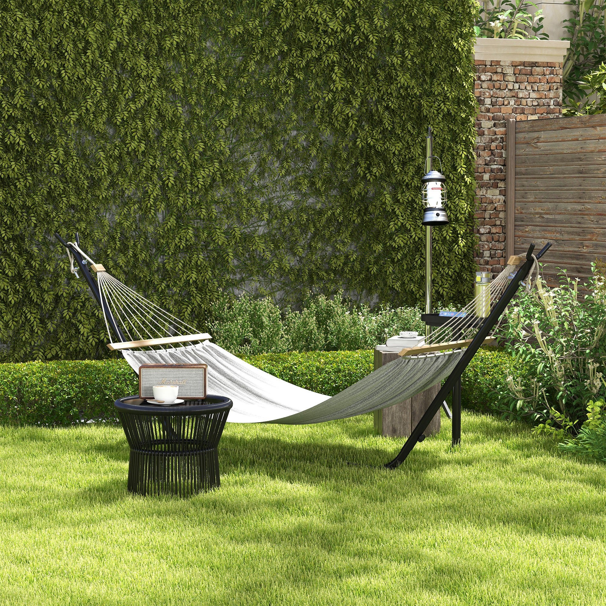 Hammock Stand, Hammock Stand with Side Shelf, Stand for Hammock, Up to 150 kg Load Capacity, Steel, Black, 285 x 125 x 110 cm
