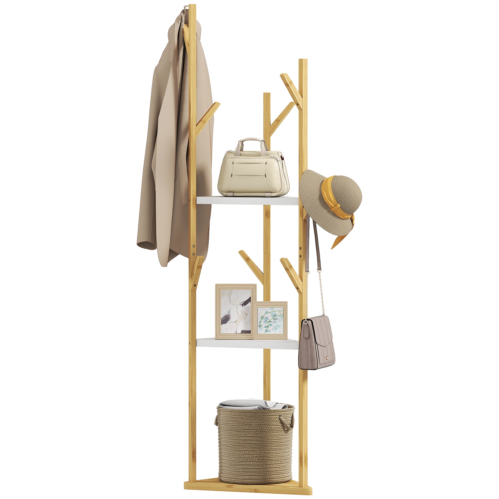 Bamboo Free Standing Coat Rack, Tree Coat Rack with 9 Hooks and 3 Large Shelves for Entryway, Free Standing Coat Stand for Jackets, Hats, Clothes, and Bags, Natural Wood and White