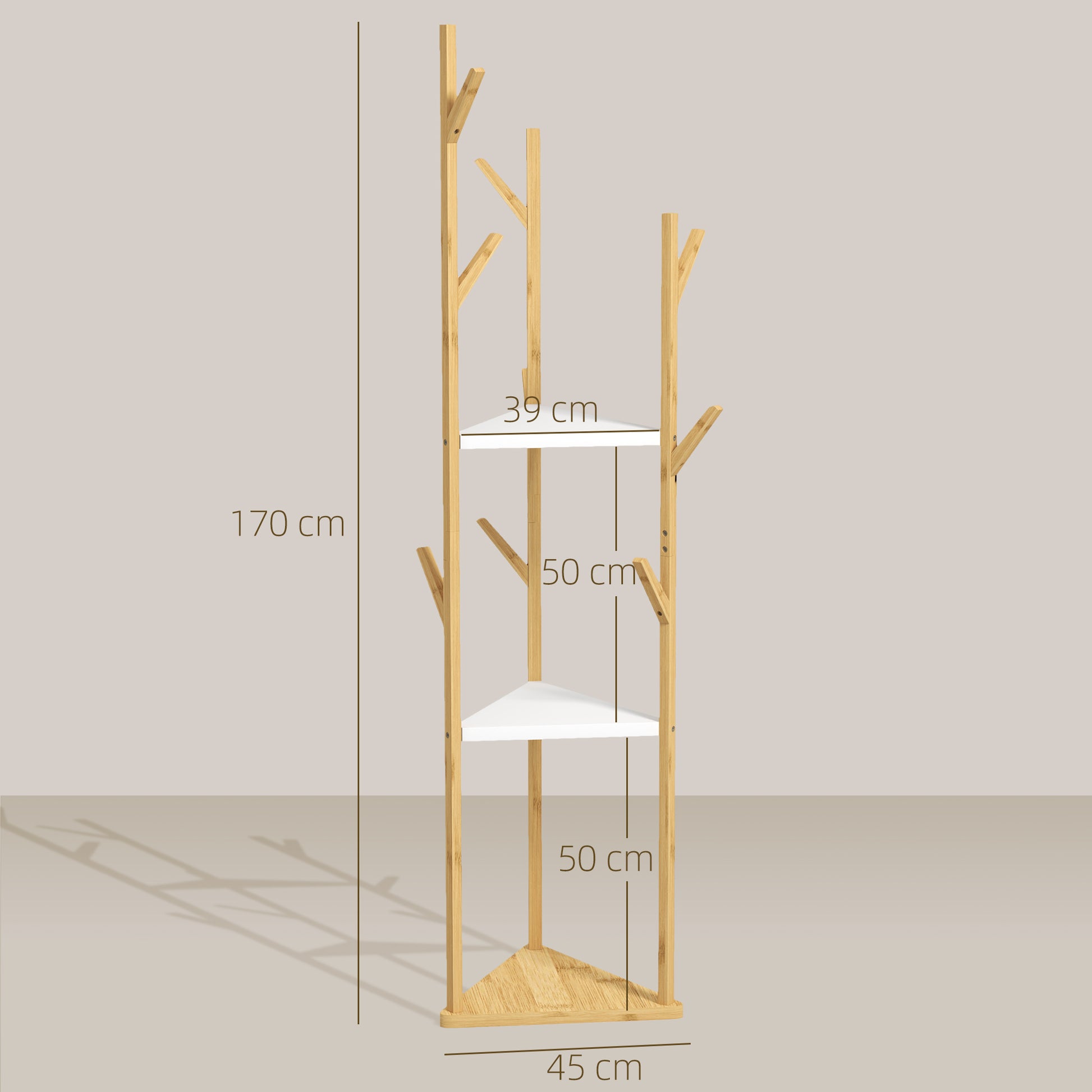Bamboo Free Standing Coat Rack, Tree Coat Rack with 9 Hooks and 3 Large Shelves for Entryway, Free Standing Coat Stand for Jackets, Hats, Clothes, and Bags, Natural Wood and White