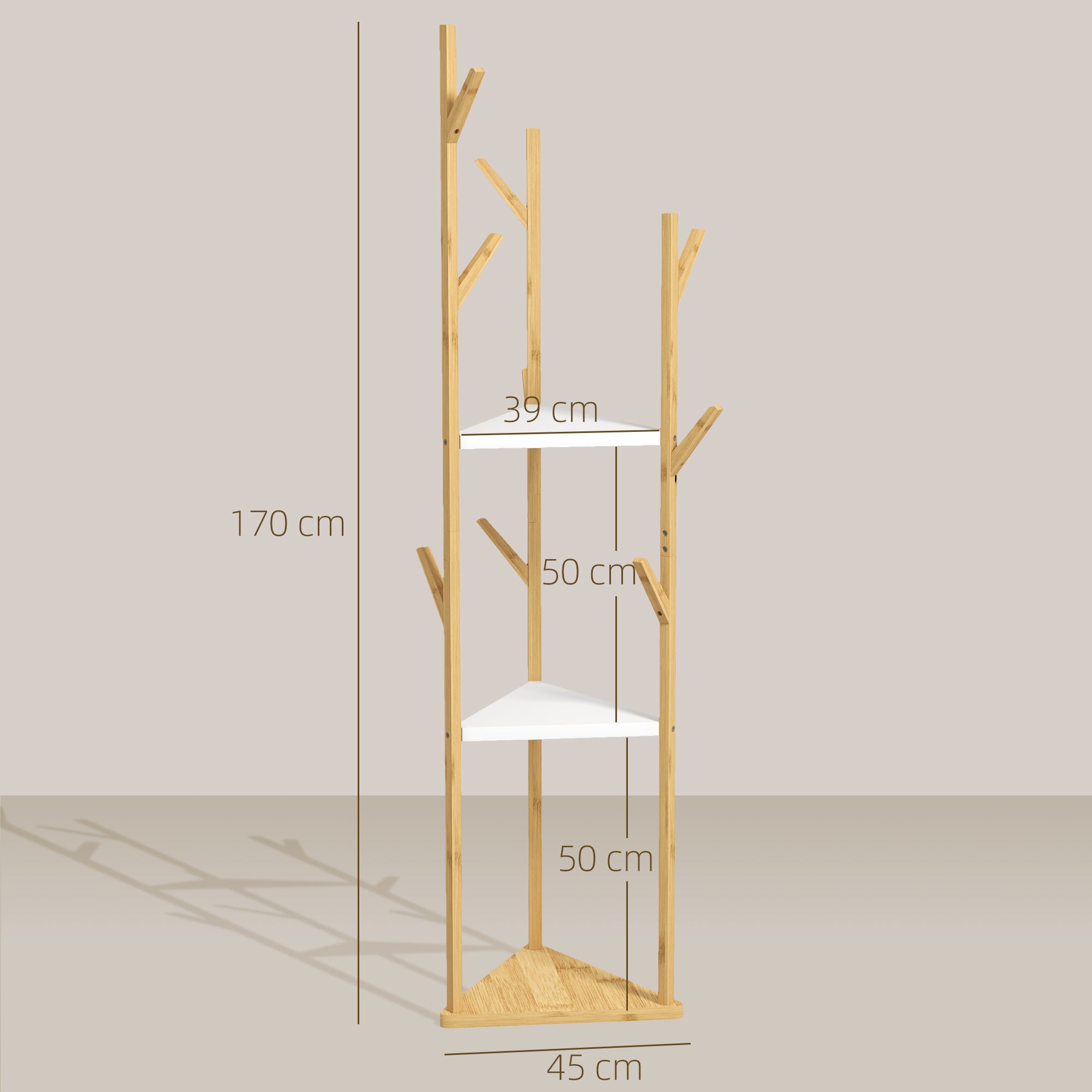 Bamboo Free Standing Coat Rack, Tree Coat Rack with 9 Hooks and 3 Large Shelves for Entryway, Free Standing Coat Stand for Jackets, Hats, Clothes, and Bags, Natural Wood and White