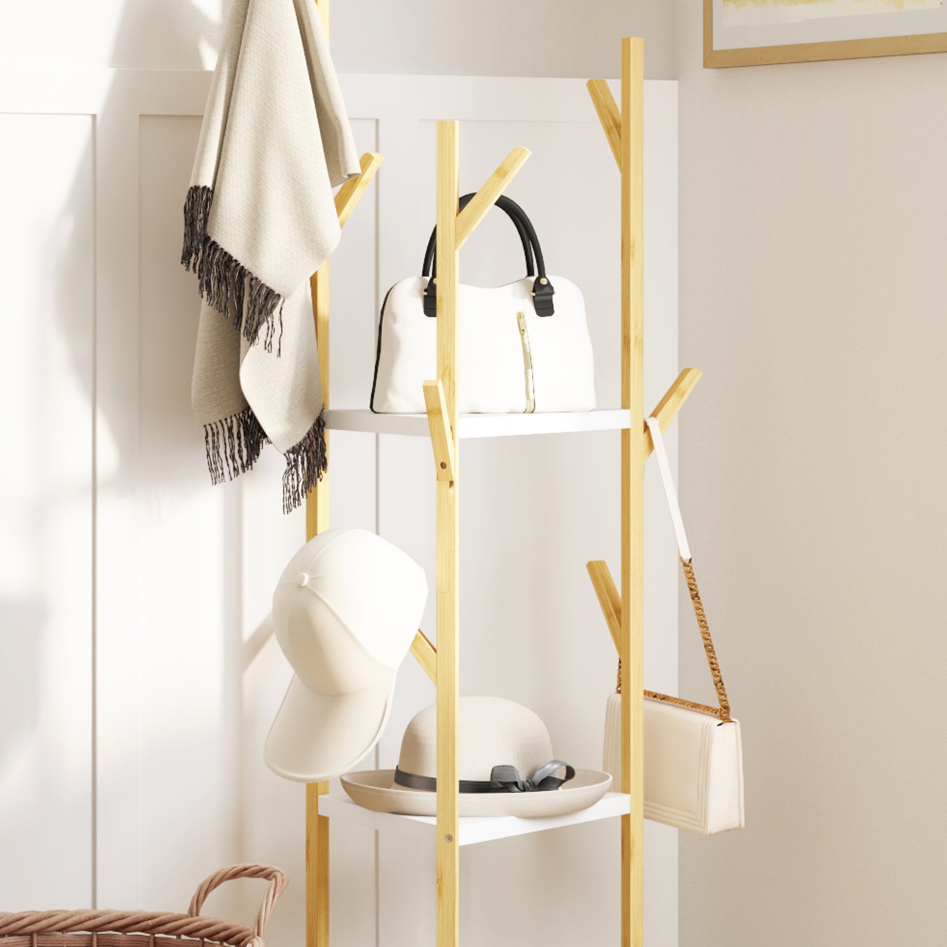 Bamboo Free Standing Coat Rack, Tree Coat Rack with 9 Hooks and 3 Large Shelves for Entryway, Free Standing Coat Stand for Jackets, Hats, Clothes, and Bags, Natural Wood and White