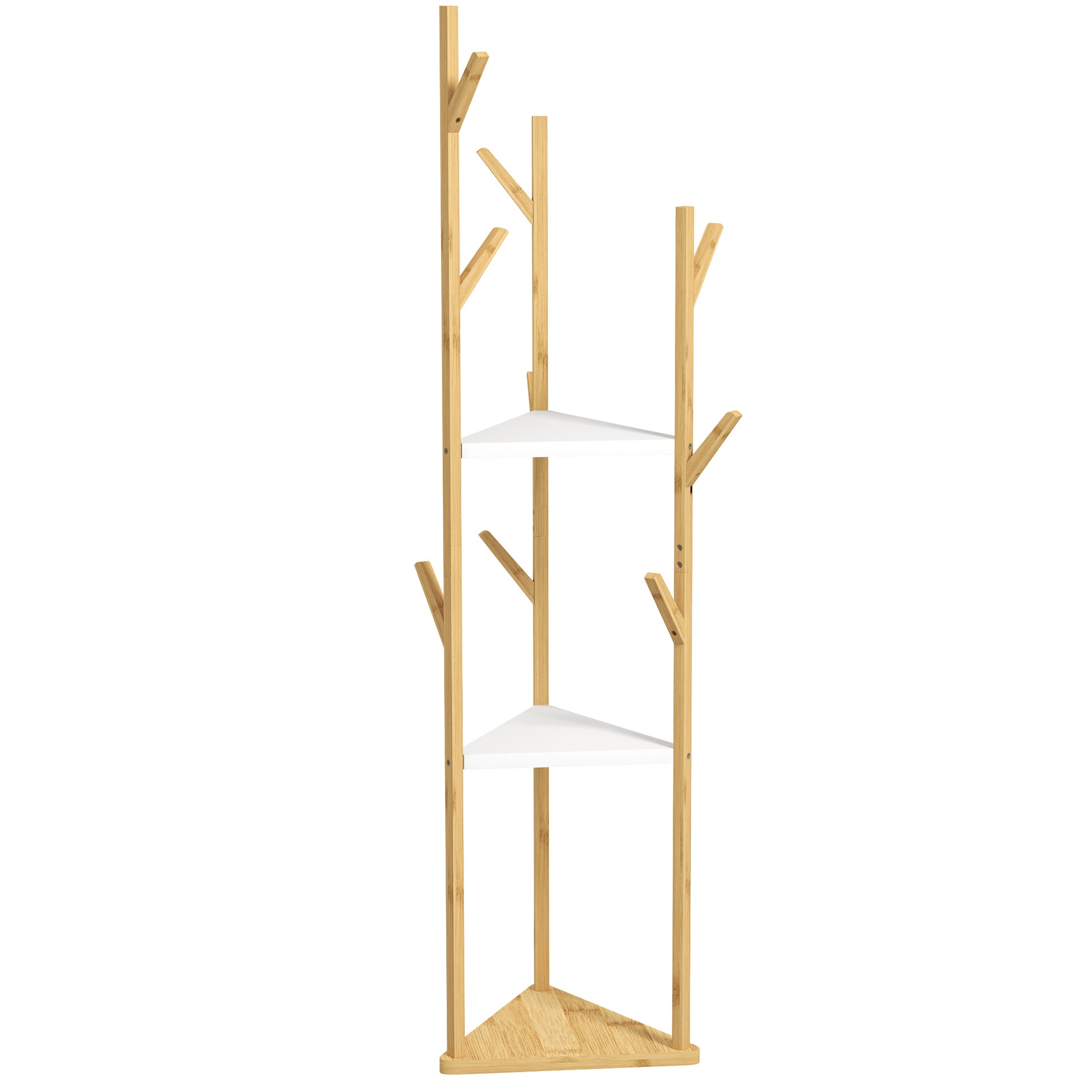 Bamboo Free Standing Coat Rack, Tree Coat Rack with 9 Hooks and 3 Large Shelves for Entryway, Free Standing Coat Stand for Jackets, Hats, Clothes, and Bags, Natural Wood and White