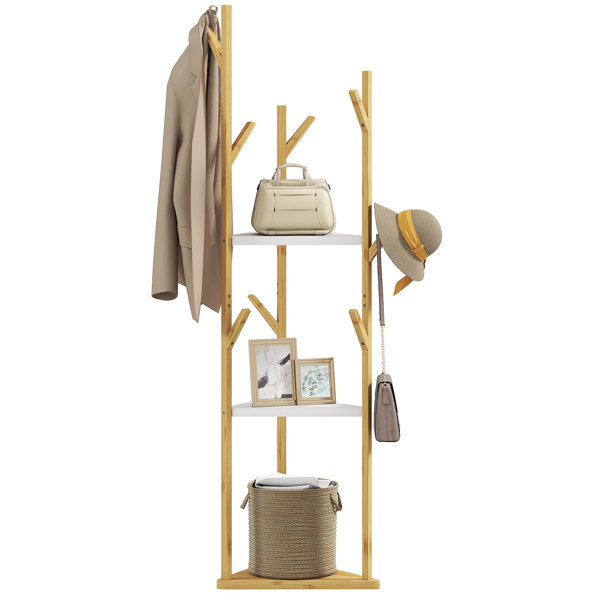 Bamboo Free Standing Coat Rack, Tree Coat Rack with 9 Hooks and 3 Large Shelves for Entryway, Free Standing Coat Stand for Jackets, Hats, Clothes, and Bags, Natural Wood and White