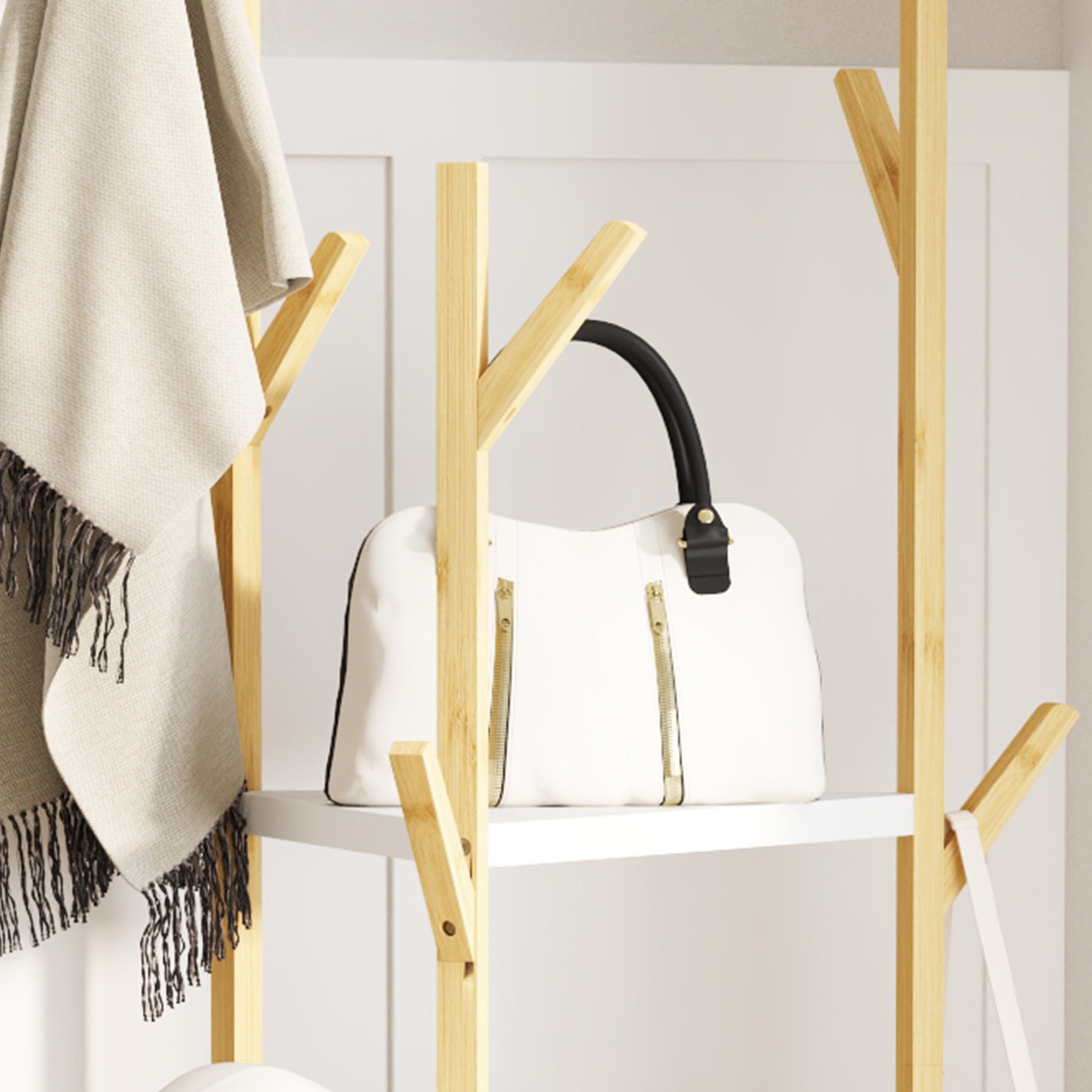 Bamboo Free Standing Coat Rack, Tree Coat Rack with 9 Hooks and 3 Large Shelves for Entryway, Free Standing Coat Stand for Jackets, Hats, Clothes, and Bags, Natural Wood and White