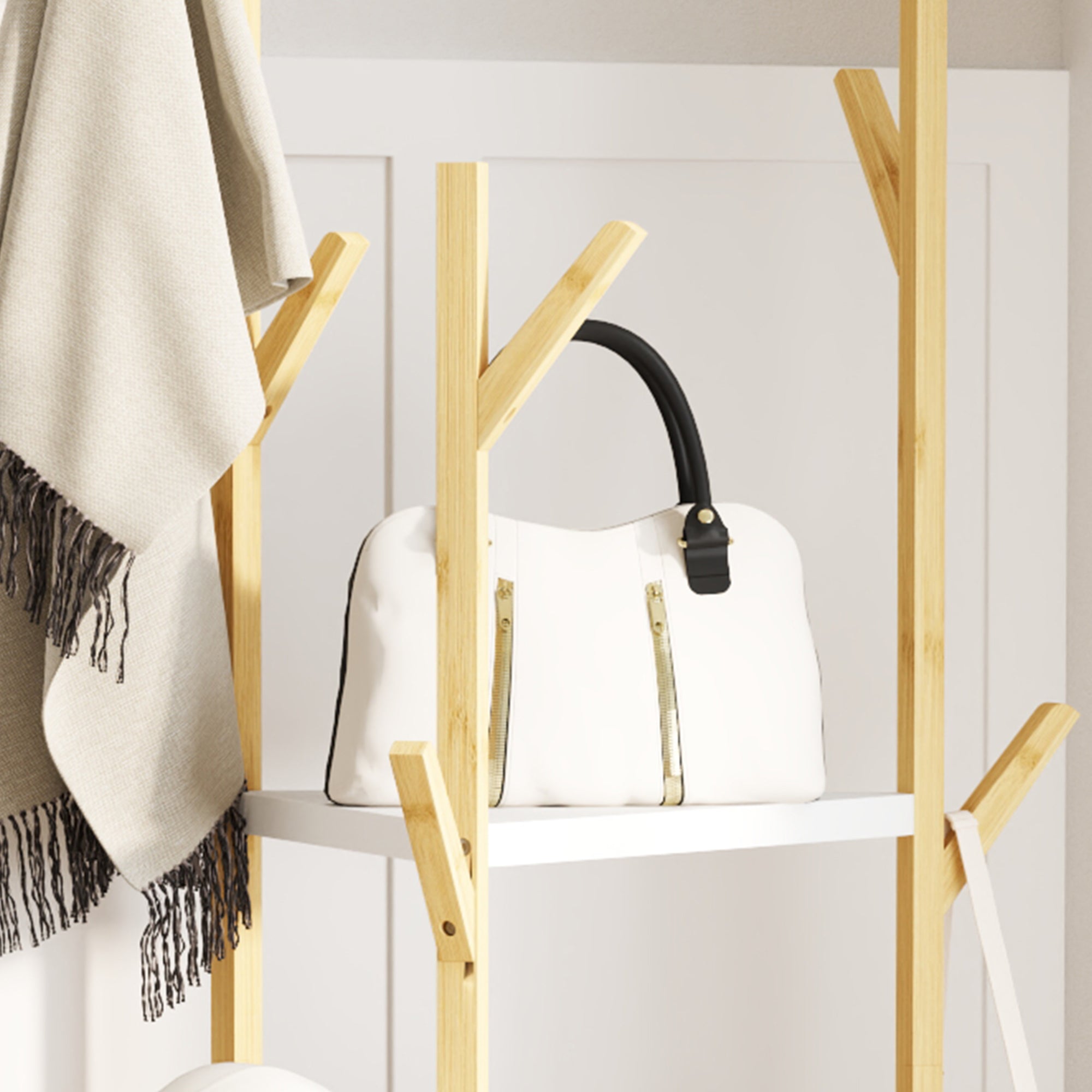 Bamboo Free Standing Coat Rack, Tree Coat Rack with 9 Hooks and 3 Large Shelves for Entryway, Free Standing Coat Stand for Jackets, Hats, Clothes, and Bags, Natural Wood and White