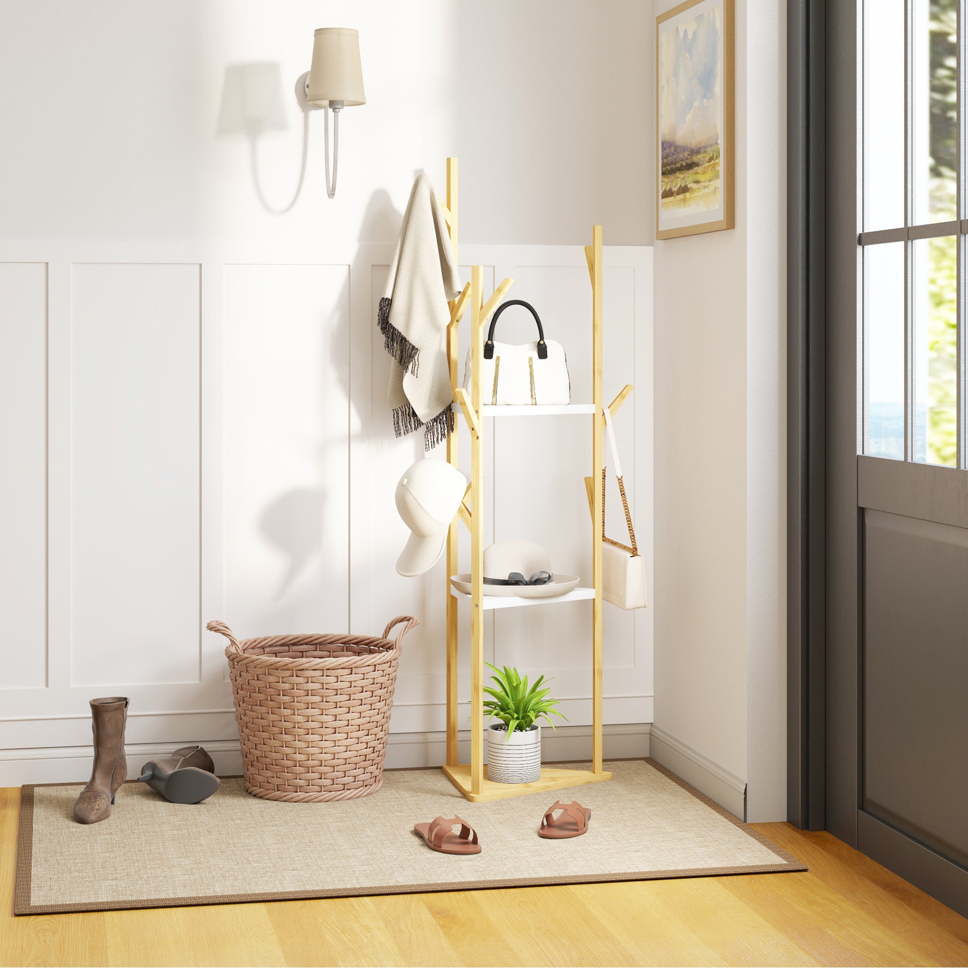 Bamboo Free Standing Coat Rack, Tree Coat Rack with 9 Hooks and 3 Large Shelves for Entryway, Free Standing Coat Stand for Jackets, Hats, Clothes, and Bags, Natural Wood and White