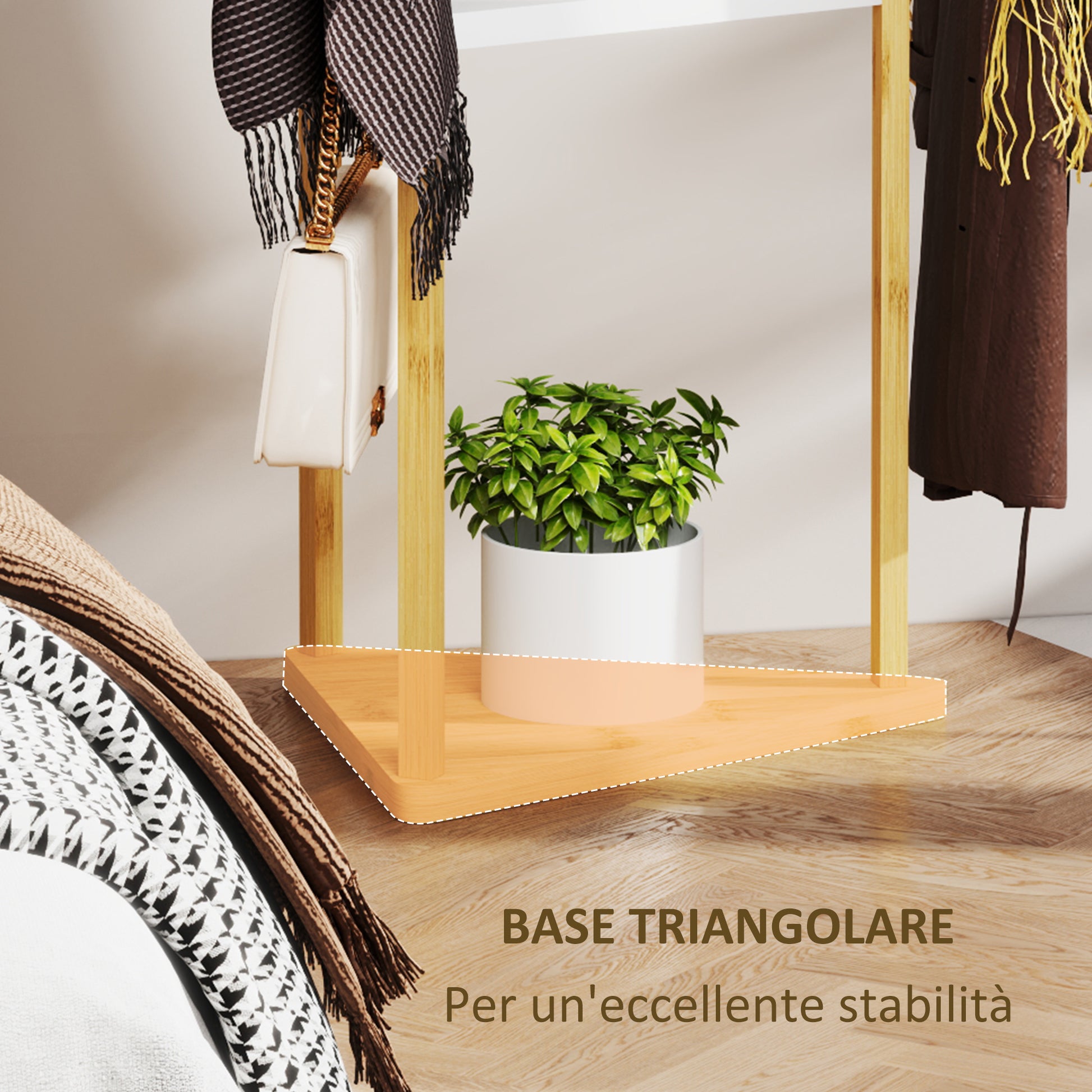 Bamboo Free Standing Coat Rack, Tree Coat Rack with 9 Hooks and 3 Large Shelves for Entryway, Free Standing Coat Stand for Jackets, Hats, Clothes, and Bags, Natural Wood and White