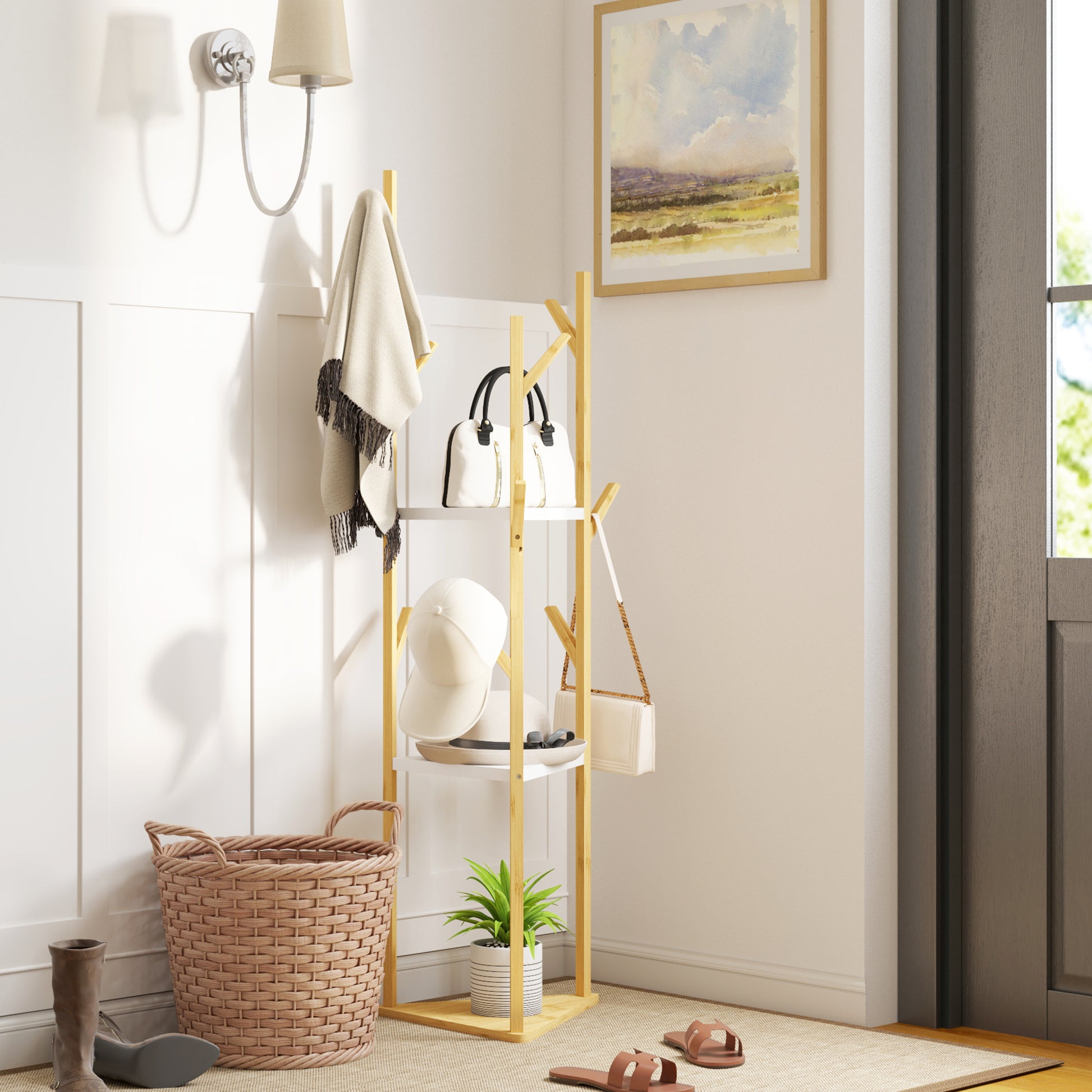 Bamboo Free Standing Coat Rack, Tree Coat Rack with 9 Hooks and 3 Large Shelves for Entryway, Free Standing Coat Stand for Jackets, Hats, Clothes, and Bags, Natural Wood and White