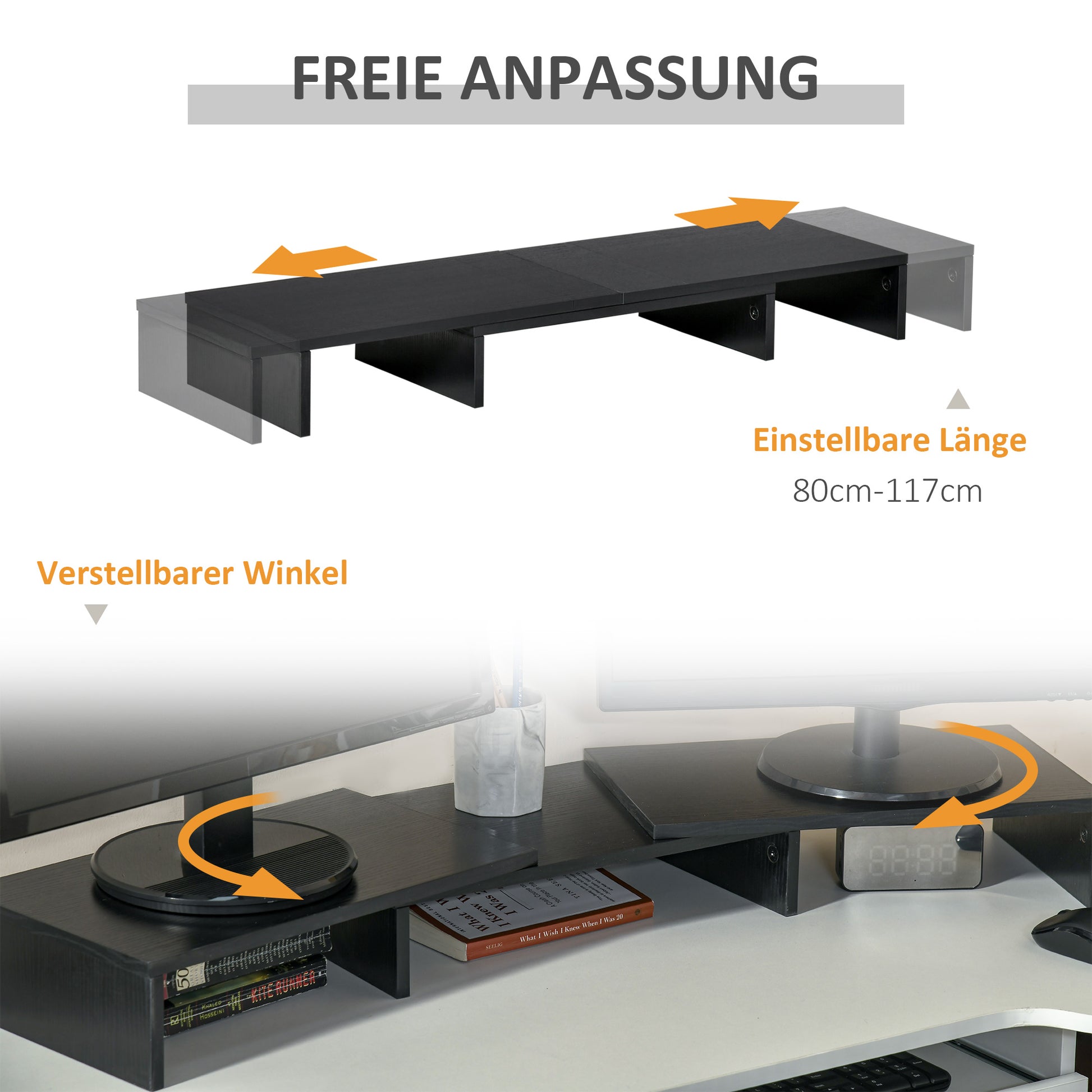 Monitor Stand Dual Screen Riser Adjustable Length and Swivel Angle Screen Stand for PC Notebook Laptop Printer 31.5-46 x 9.3 x 3.9 inches Black