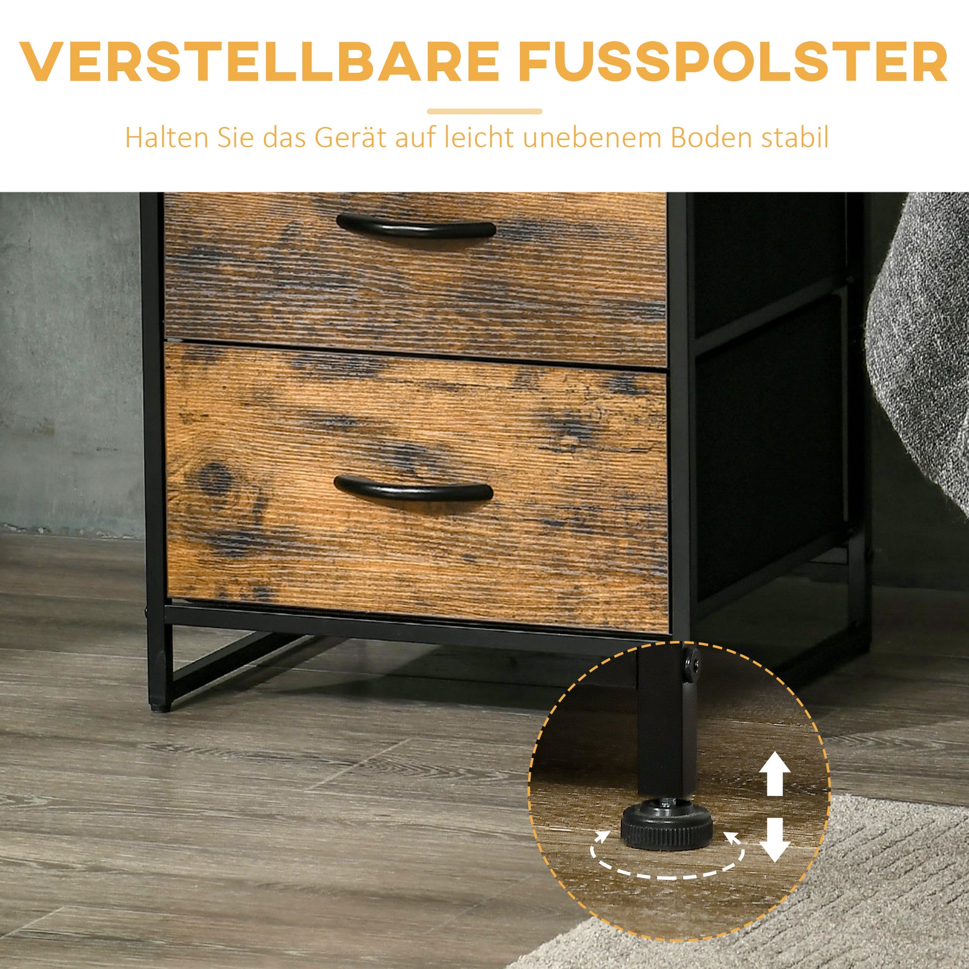 Fabric Drawer Storage Cabinet with 2 Drawers, Shelf Chest with Steel Frame Cabinet for Bedroom, Living Room Rustic Brown