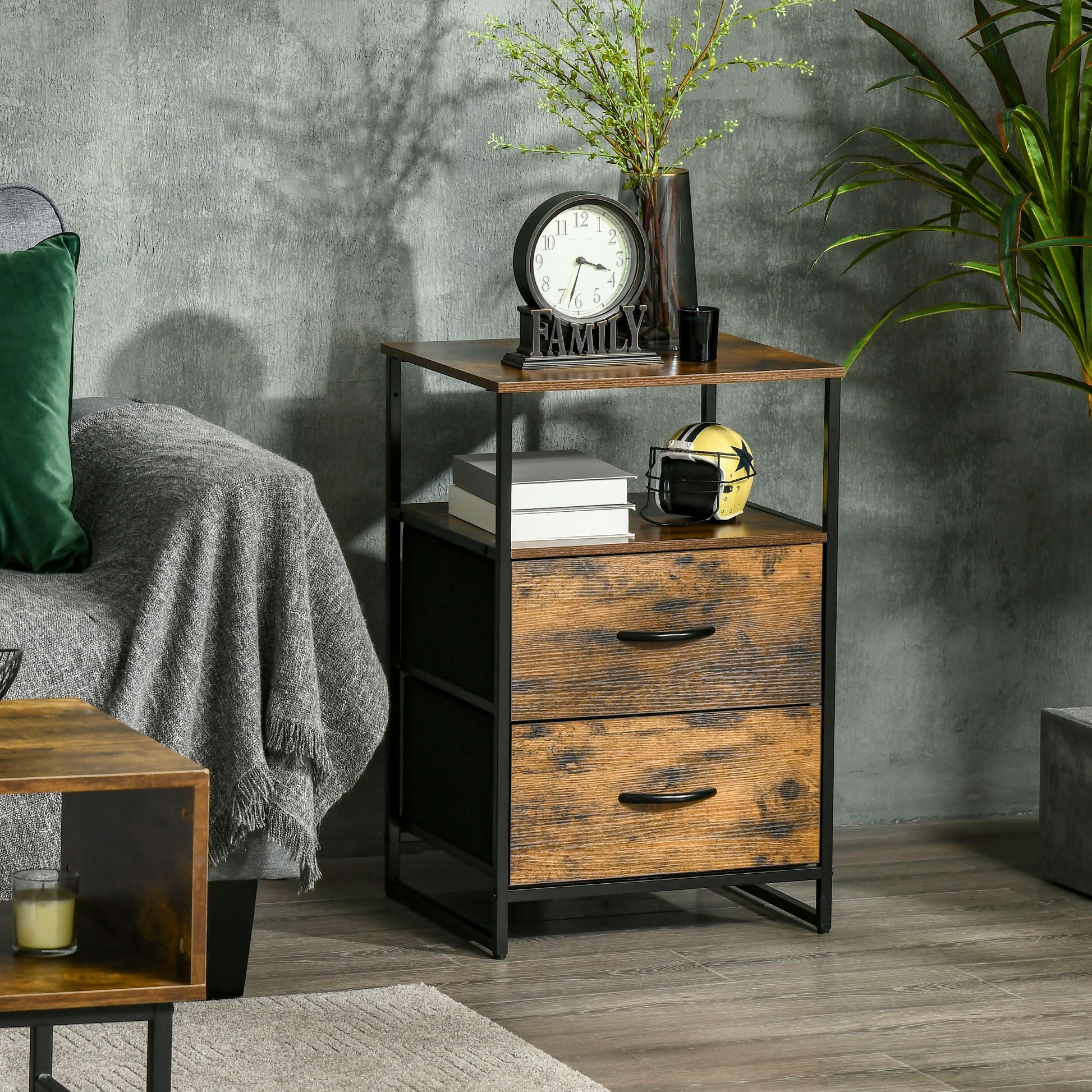 Fabric Drawer Storage Cabinet with 2 Drawers, Shelf Chest with Steel Frame Cabinet for Bedroom, Living Room Rustic Brown