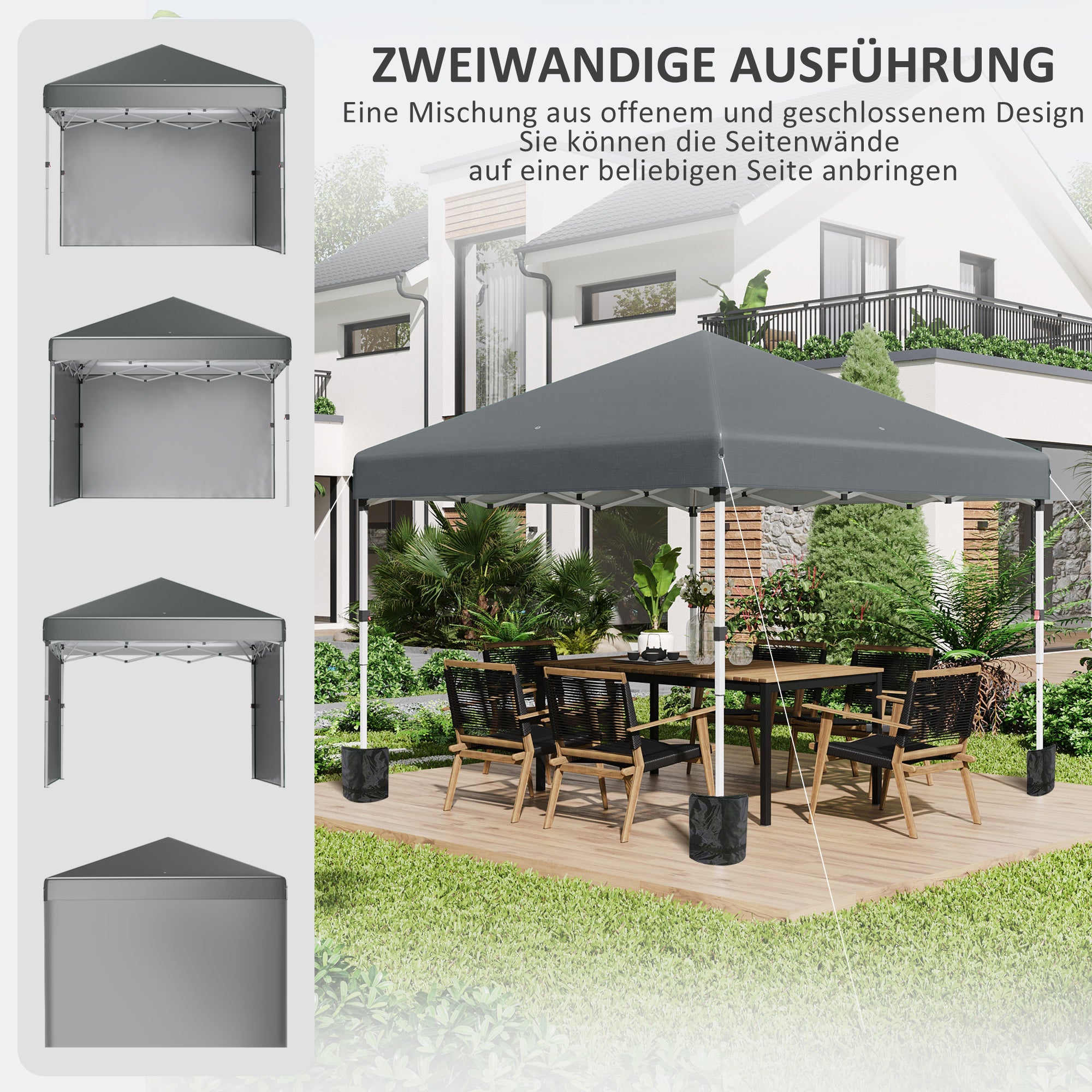 Pavilion approx. 3x3m, water-resistant Stable Winterproof Pop-up Folding Pavilion with 2 Side Walls, UV Protection 30+, Foldable Party Tent Garden Tent with Bag, Garden Pavilion for Camping, Dark Gray