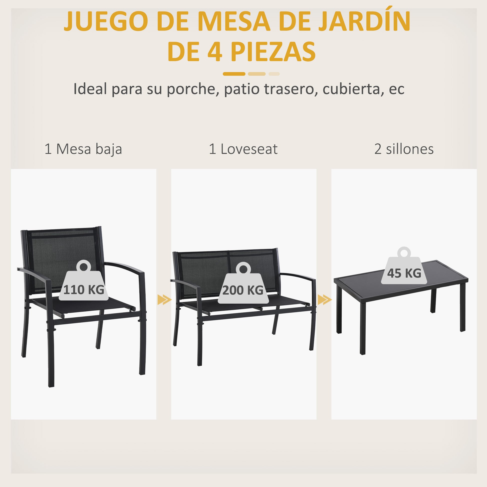 4-Piece Outdoor Garden Set with 2 Chairs, 1 Two-Seater Sofa, and Black Tempered Glass Coffee Table