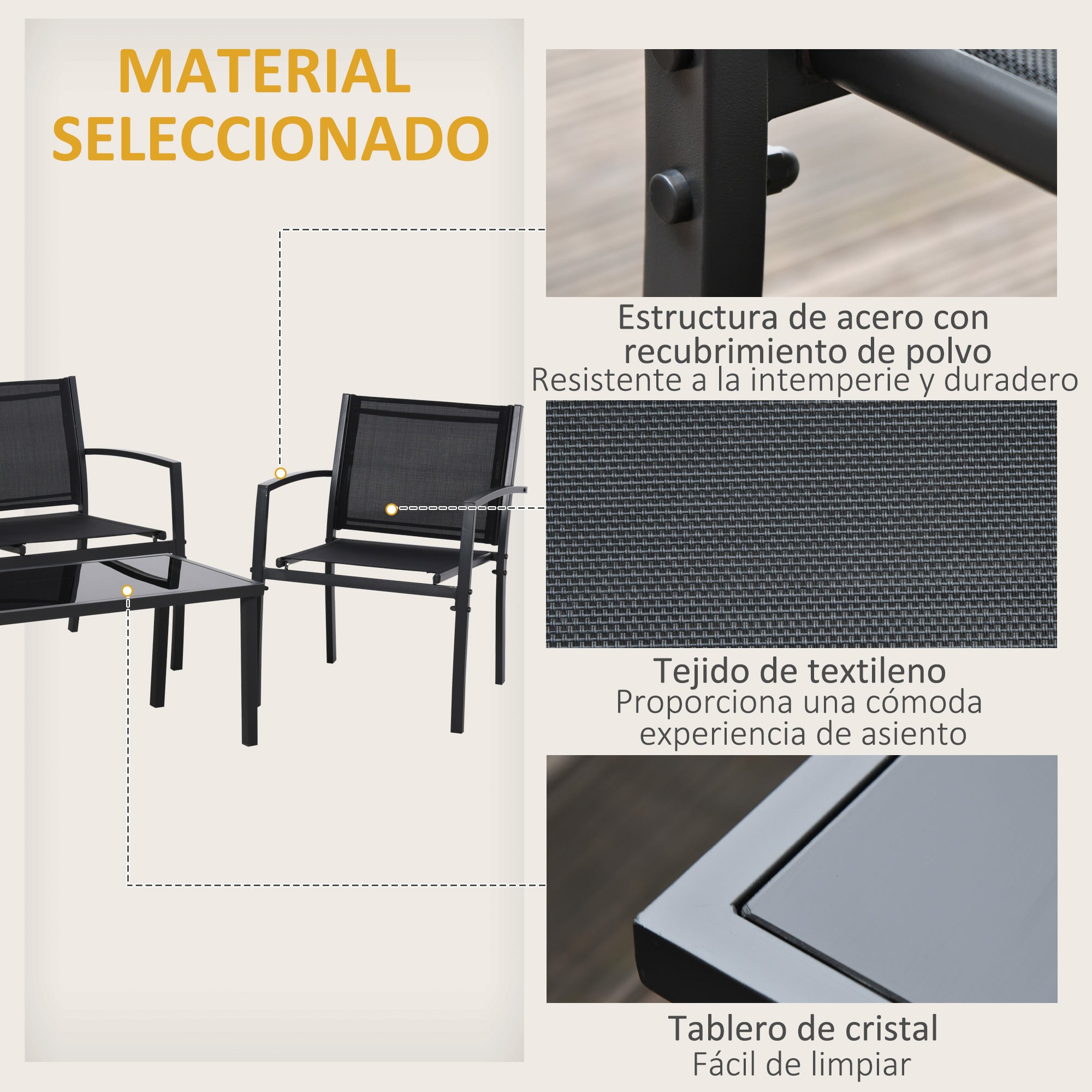 4-Piece Outdoor Garden Set with 2 Chairs, 1 Two-Seater Sofa, and Black Tempered Glass Coffee Table