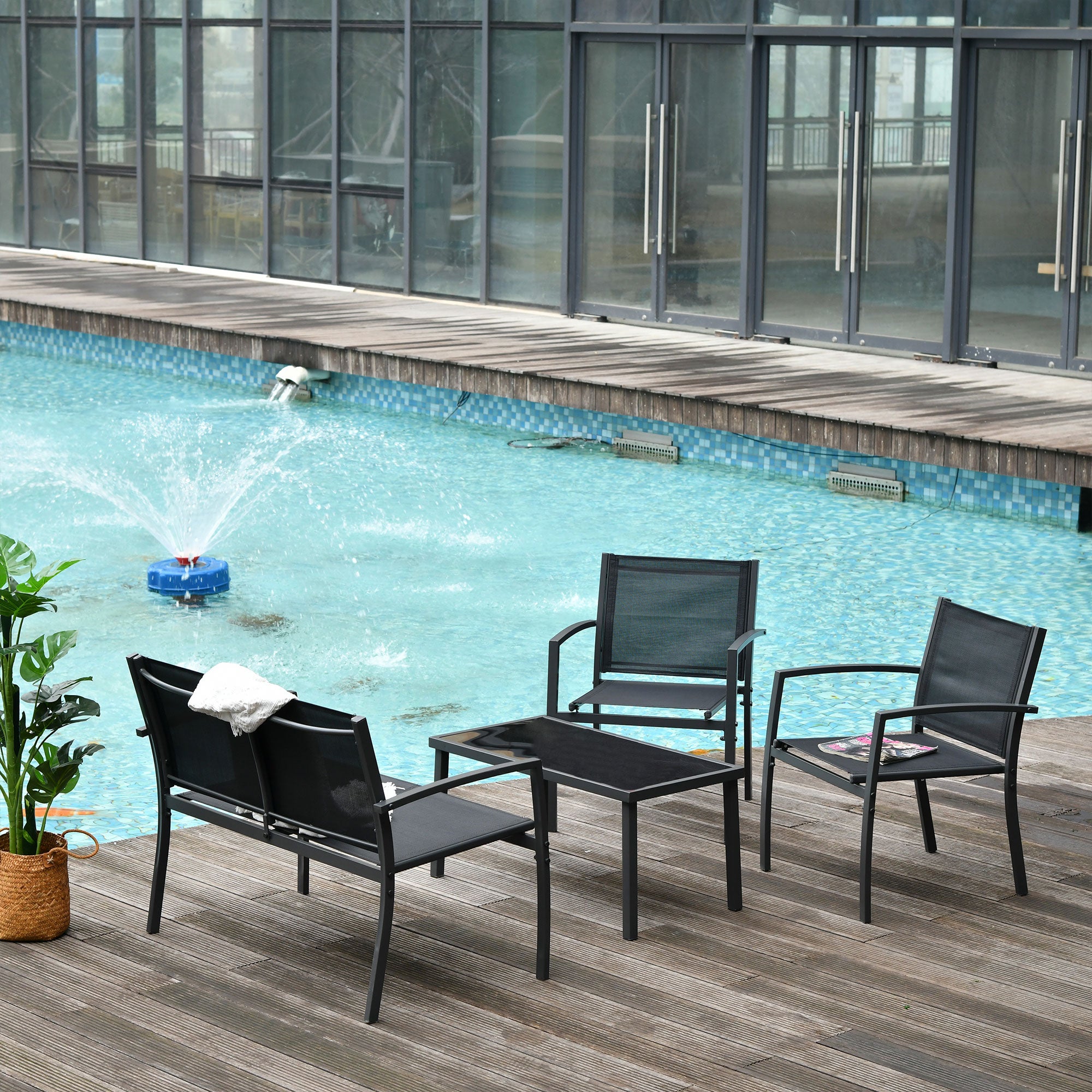 4-Piece Outdoor Garden Set with 2 Chairs, 1 Two-Seater Sofa, and Black Tempered Glass Coffee Table