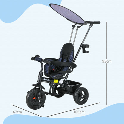 6-in-1 Tricycle with Push Handle from 9 Months up to 25 kg Children's Tricycle with Removable Sun Canopy, Safety Belt Cup Holder Basket Wheels Bike for 1-5 Years Children, Dark Blue