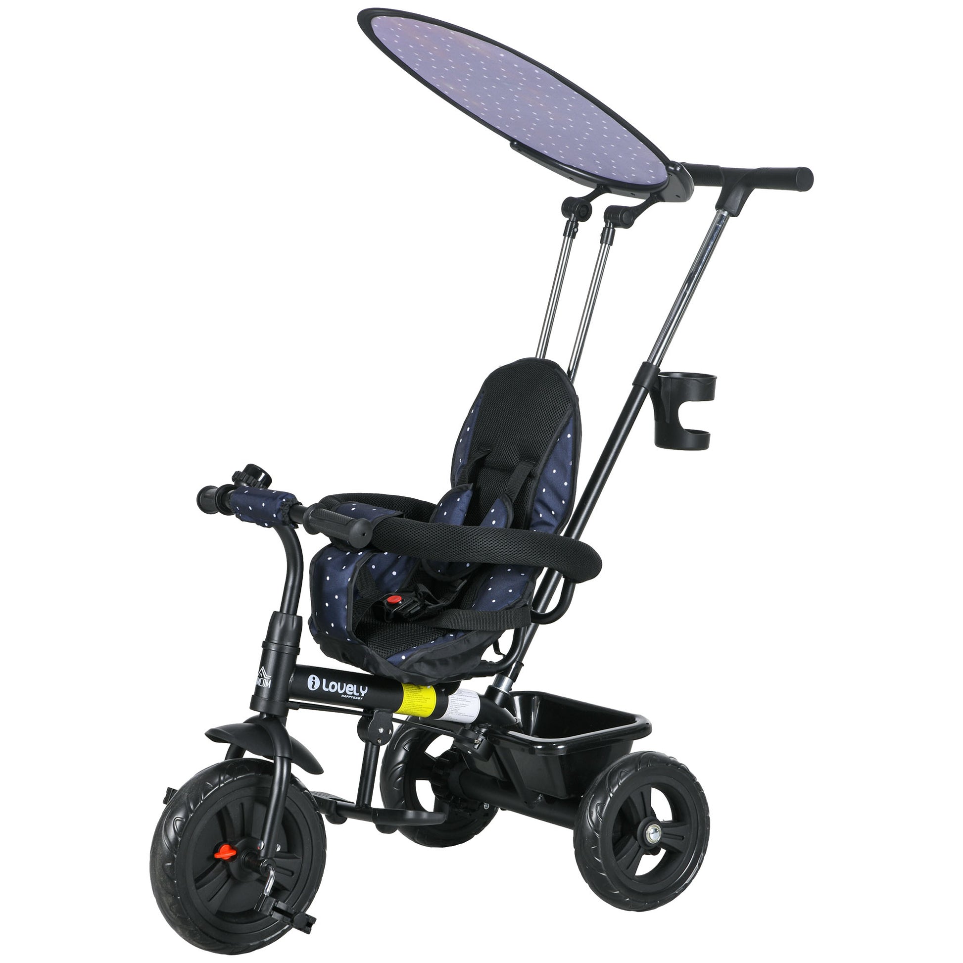 6-in-1 Tricycle with Push Handle from 9 Months up to 25 kg Children's Tricycle with Removable Sun Canopy, Safety Belt Cup Holder Basket Wheels Bike for 1-5 Years Children, Dark Blue