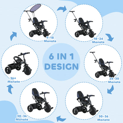 6-in-1 Tricycle with Push Handle from 9 Months up to 25 kg Children's Tricycle with Removable Sun Canopy, Safety Belt Cup Holder Basket Wheels Bike for 1-5 Years Children, Dark Blue