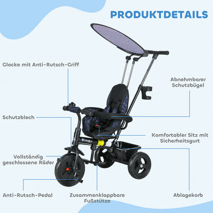 6-in-1 Tricycle with Push Handle from 9 Months up to 25 kg Children's Tricycle with Removable Sun Canopy, Safety Belt Cup Holder Basket Wheels Bike for 1-5 Years Children, Dark Blue