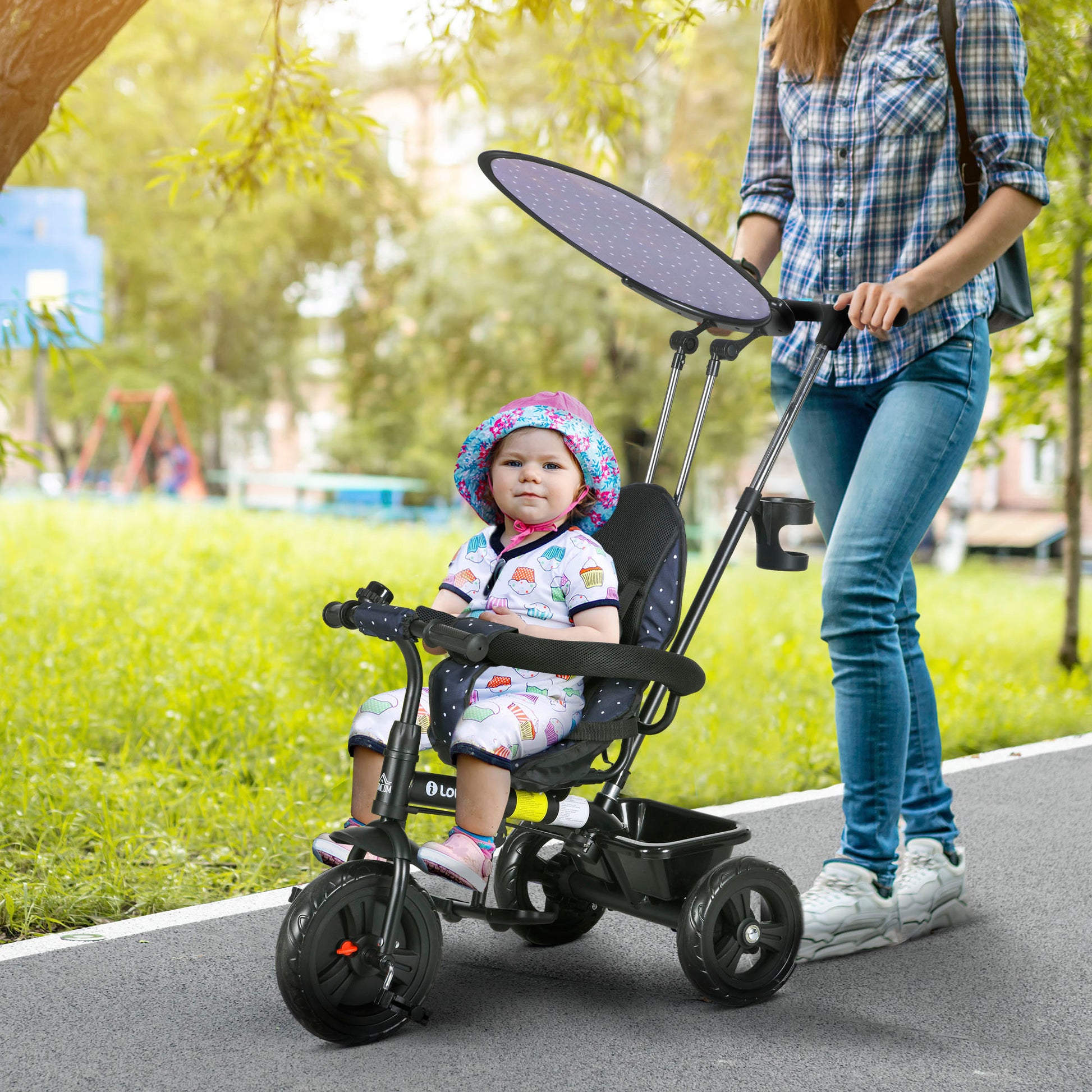 6-in-1 Tricycle with Push Handle from 9 Months up to 25 kg Children's Tricycle with Removable Sun Canopy, Safety Belt Cup Holder Basket Wheels Bike for 1-5 Years Children, Dark Blue