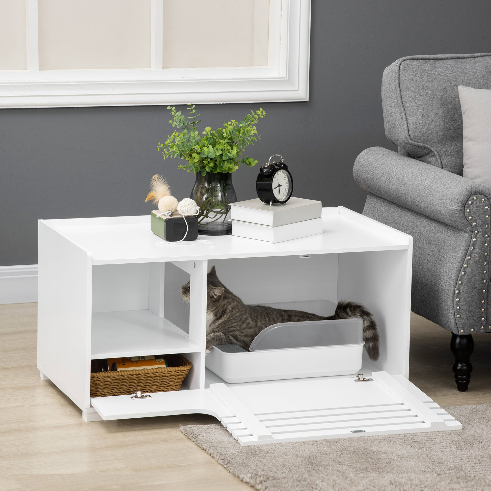 Cat Toilet Cabinet Cat House with Magnetic Door Divider Cat Litter Box Cat Cabinet for Cats Side Table Cat Cave 90 x 48 x 42.5 cm White