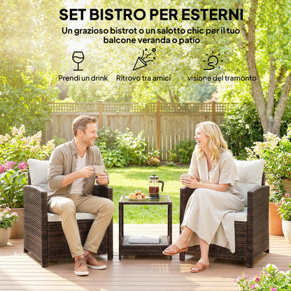 3-Piece PE Rattan Garden Set — 2 Armchairs with Cushions & Glass-Top Coffee Table, Brown & Cream — Balcony/Patio