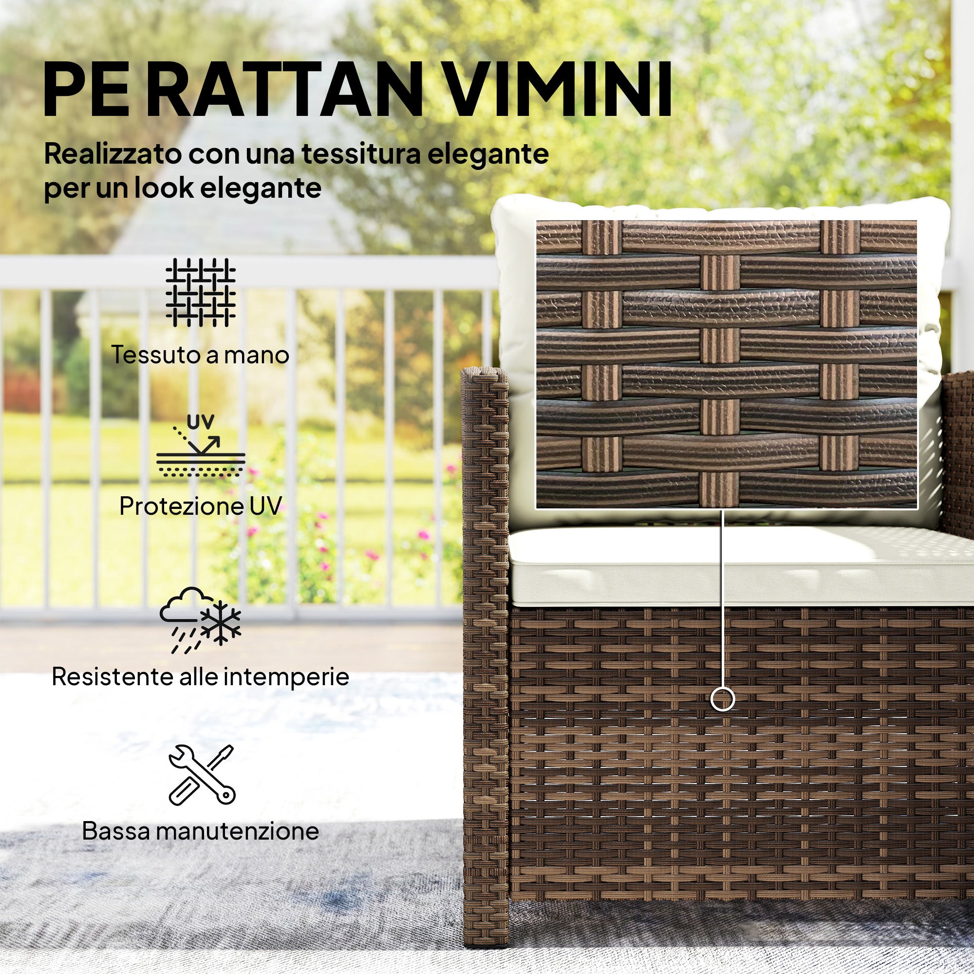 3-Piece PE Rattan Garden Set — 2 Armchairs with Cushions & Glass-Top Coffee Table, Brown & Cream — Balcony/Patio