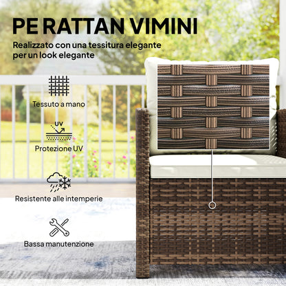 3-Piece PE Rattan Garden Set — 2 Armchairs with Cushions & Glass-Top Coffee Table, Brown & Cream — Balcony/Patio