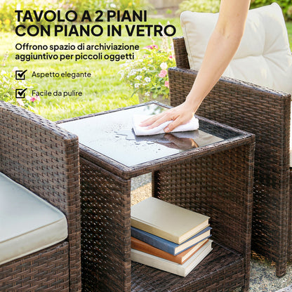 3-Piece PE Rattan Garden Set — 2 Armchairs with Cushions & Glass-Top Coffee Table, Brown & Cream — Balcony/Patio