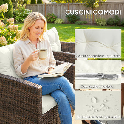 3-Piece PE Rattan Garden Set — 2 Armchairs with Cushions & Glass-Top Coffee Table, Brown & Cream — Balcony/Patio