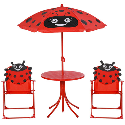 Kids Garden Table and Chairs Set Picnic Folding Set for Children Table Set with Adjustable Umbrella 100-125 cm Height Red Ladybug Design