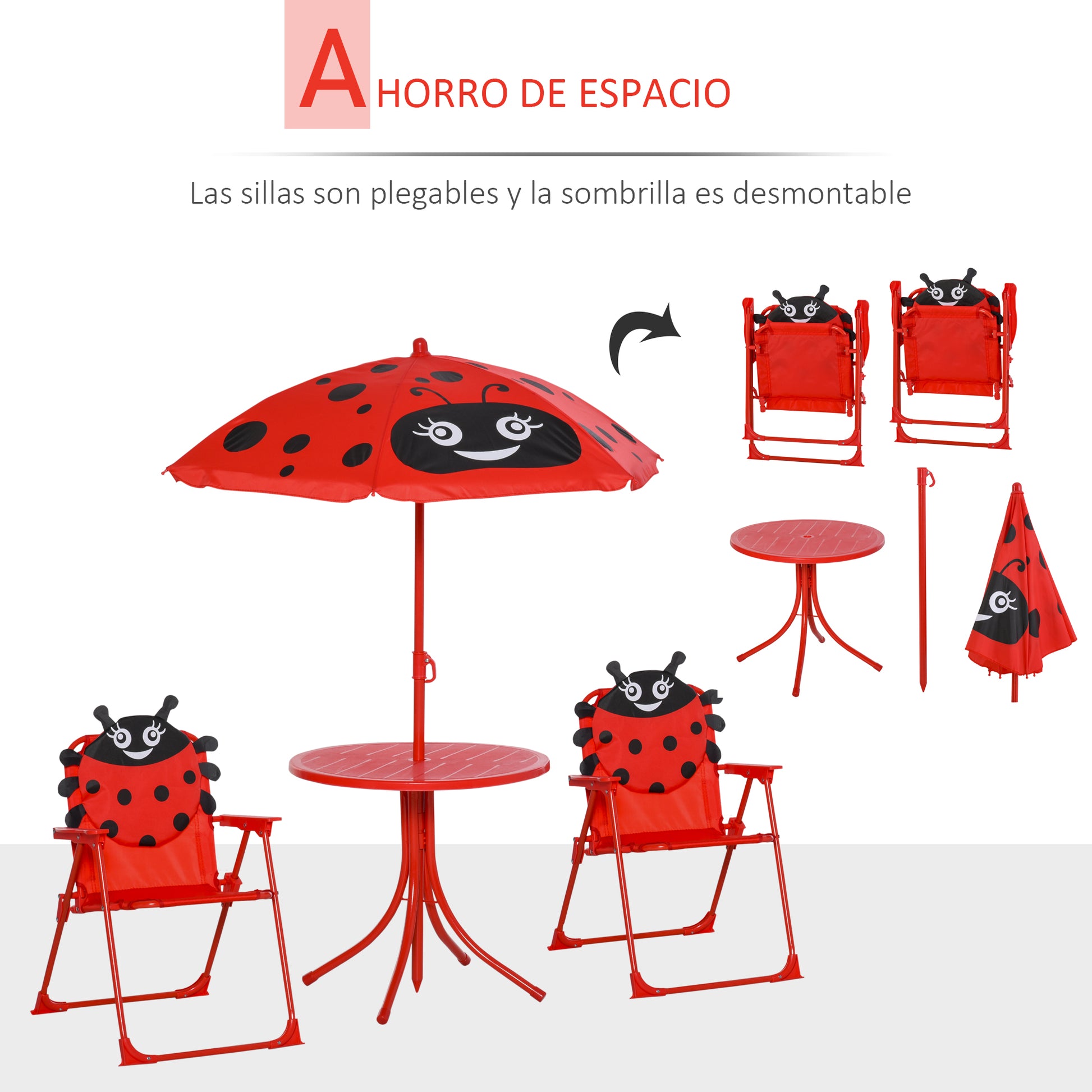 Kids Garden Table and Chairs Set Picnic Folding Set for Children Table Set with Adjustable Umbrella 100-125 cm Height Red Ladybug Design