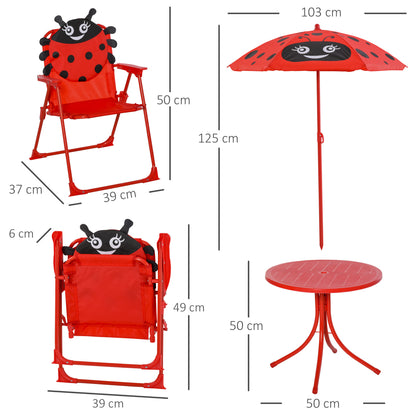 Kids Garden Table and Chairs Set Picnic Folding Set for Children Table Set with Adjustable Umbrella 100-125 cm Height Red Ladybug Design