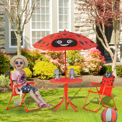 Kids Garden Table and Chairs Set Picnic Folding Set for Children Table Set with Adjustable Umbrella 100-125 cm Height Red Ladybug Design