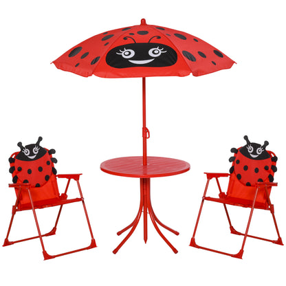 Kids Garden Table and Chairs Set Picnic Folding Set for Children Table Set with Adjustable Umbrella 100-125 cm Height Red Ladybug Design
