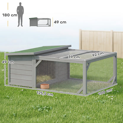 Wooden Rabbit Hutch with Run, 125.5 x 100 x 49 cm – Lift-Top Asphalt Roof, Doors, Outdoor Hutch for Rabbits & Guinea Pigs, Gray