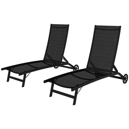 Set of 2 reclining sun loungers with wheels, aluminum and textilene, multiposition backrest, max load capacity 150 kg black