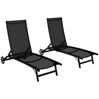 Set of 2 reclining sun loungers with wheels, aluminum and textilene, multiposition backrest, max load capacity 150 kg black