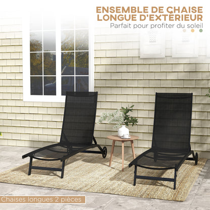 Set of 2 reclining sun loungers with wheels, aluminum and textilene, multiposition backrest, max load capacity 150 kg black