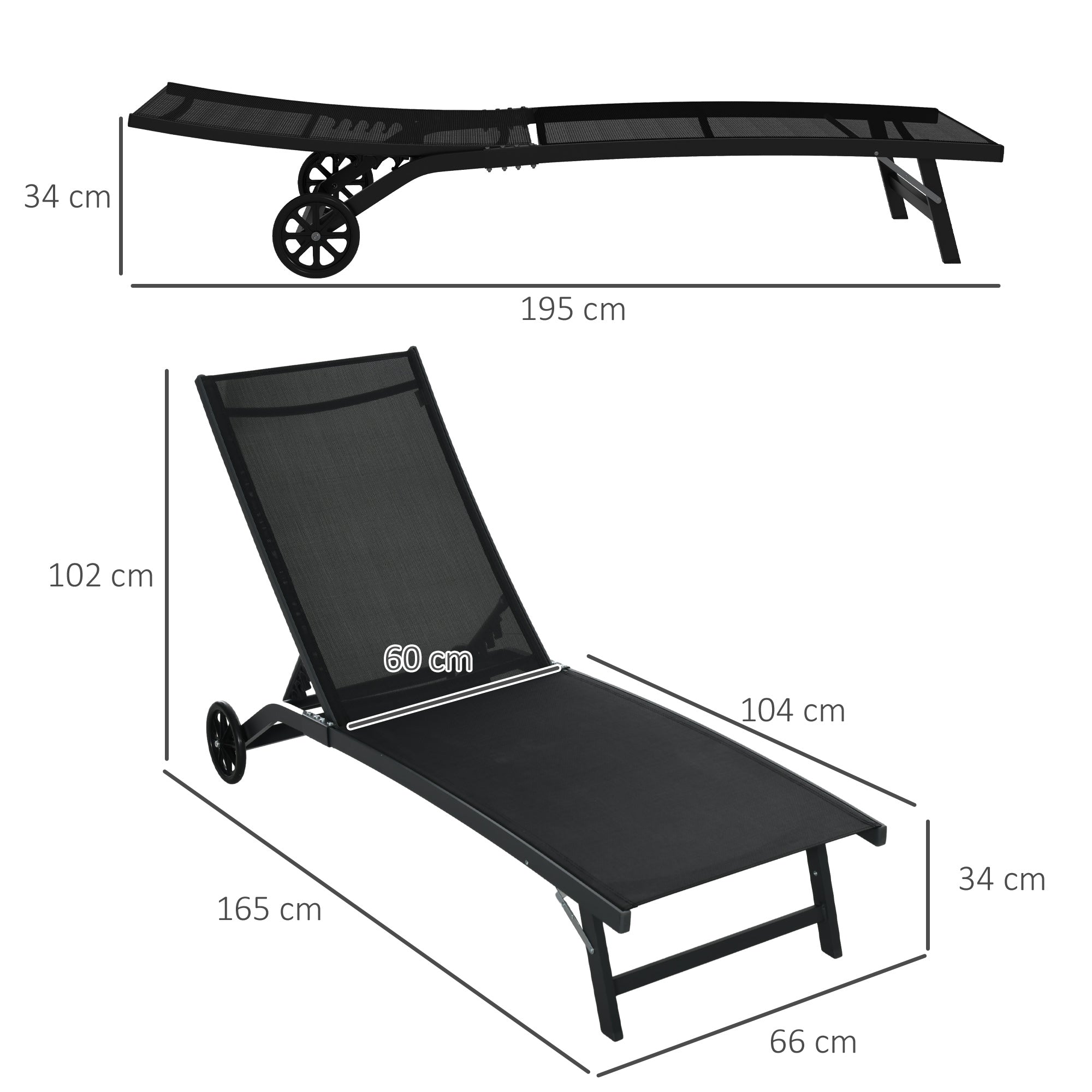 Set of 2 reclining sun loungers with wheels, aluminum and textilene, multiposition backrest, max load capacity 150 kg black