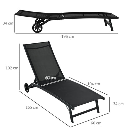 Set of 2 reclining sun loungers with wheels, aluminum and textilene, multiposition backrest, max load capacity 150 kg black
